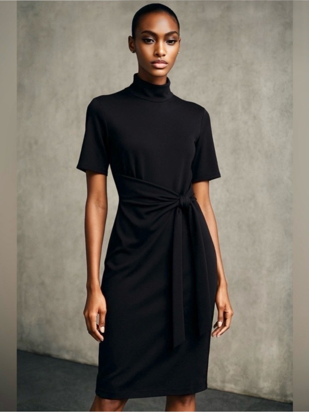 Gracia Black Tie-Waist Short Sleeve Mock Neck Classy Midi Dress S NWT
